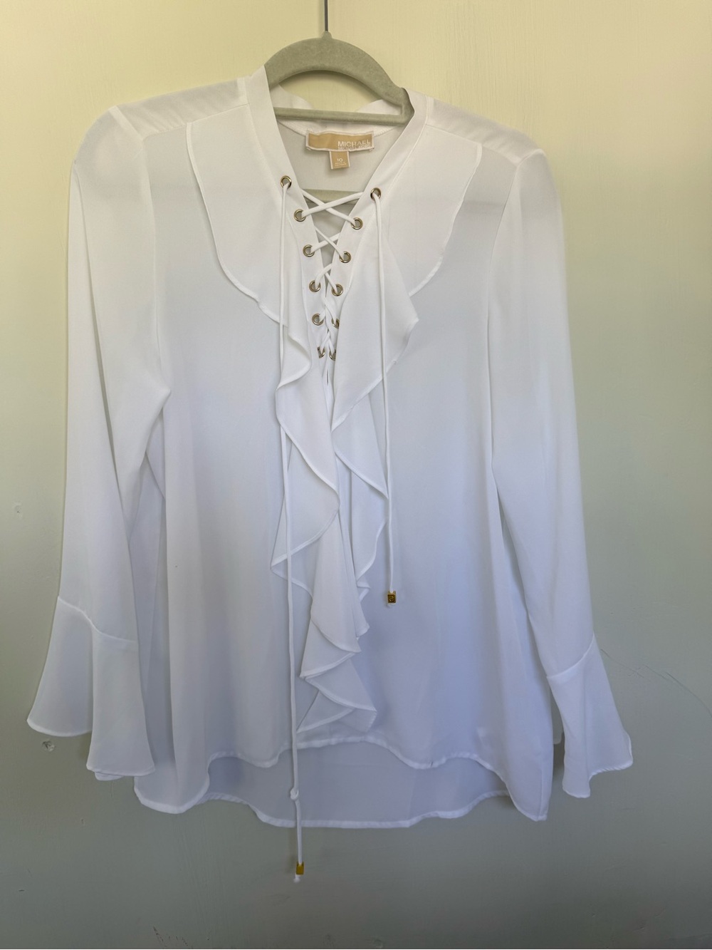 Michael Kors White Lace-Up Ruffle Bell Sleeve Blouse Women’s Size 10